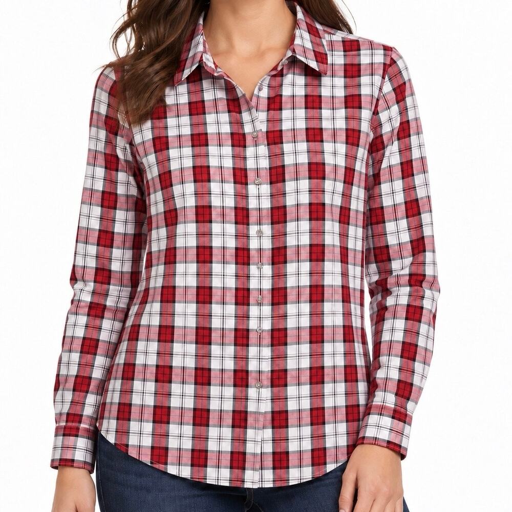 Talbots Sz 14 Red White Christmas Plaid Holiday Formal Blouse Shirt Top Festive